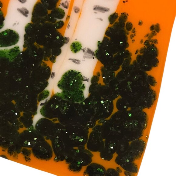Birch Tree Fused Glass Art Orange Glitter Green Wood Nature Artsy OOAK Vintage - Picture 10 of 16
